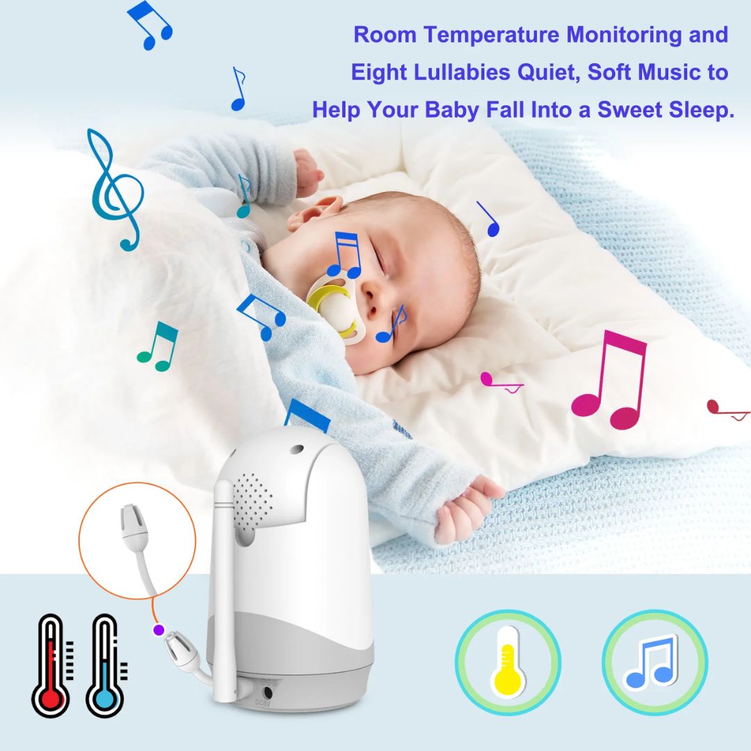 Baby sleeping with a white and gray device emitting music notes, labeled for room temperature monitoring and lullabies.