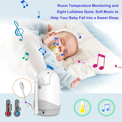 Baby sleeping with a white and gray device emitting music notes, labeled for room temperature monitoring and lullabies.