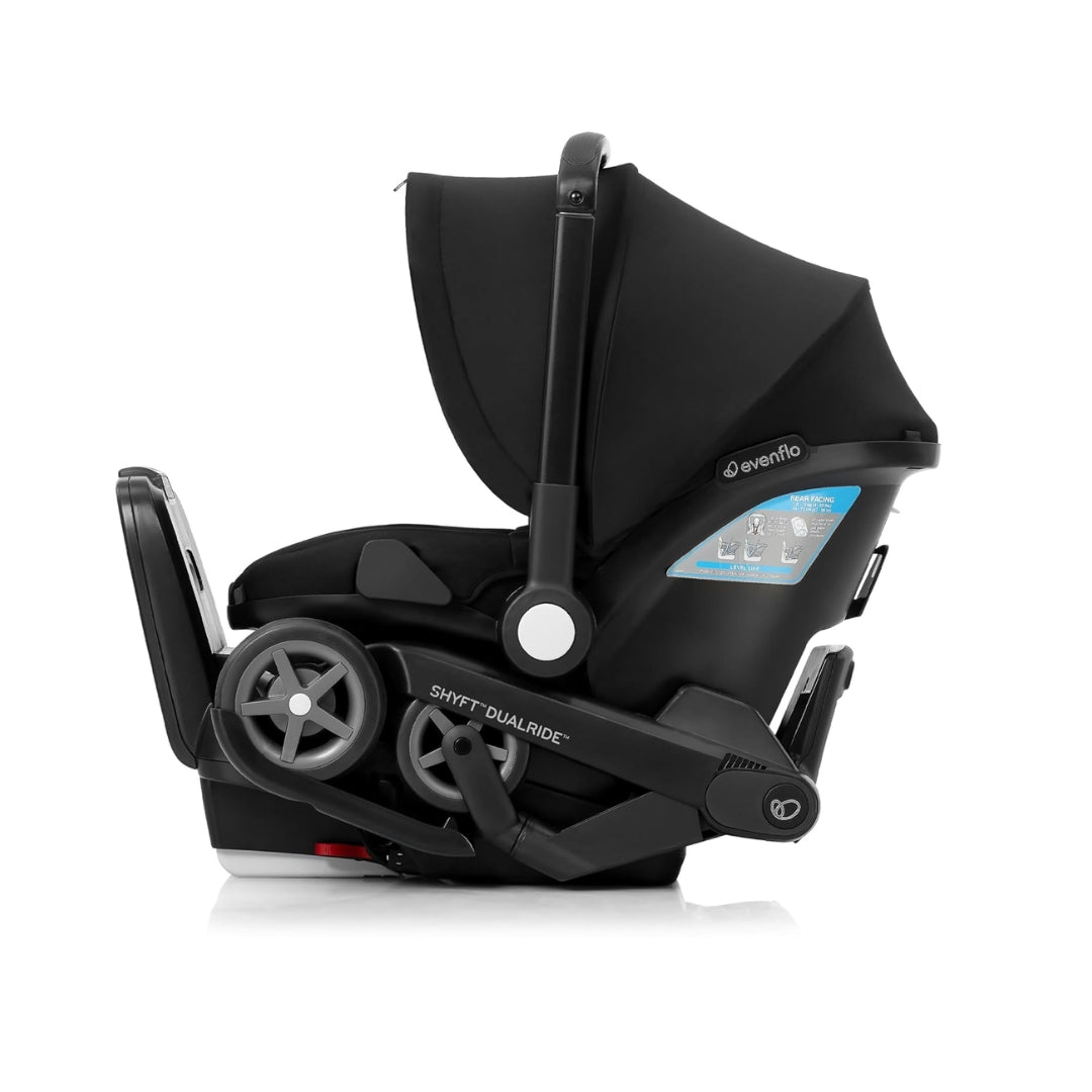 Evenflo Black baby car seat with canopy on a white background