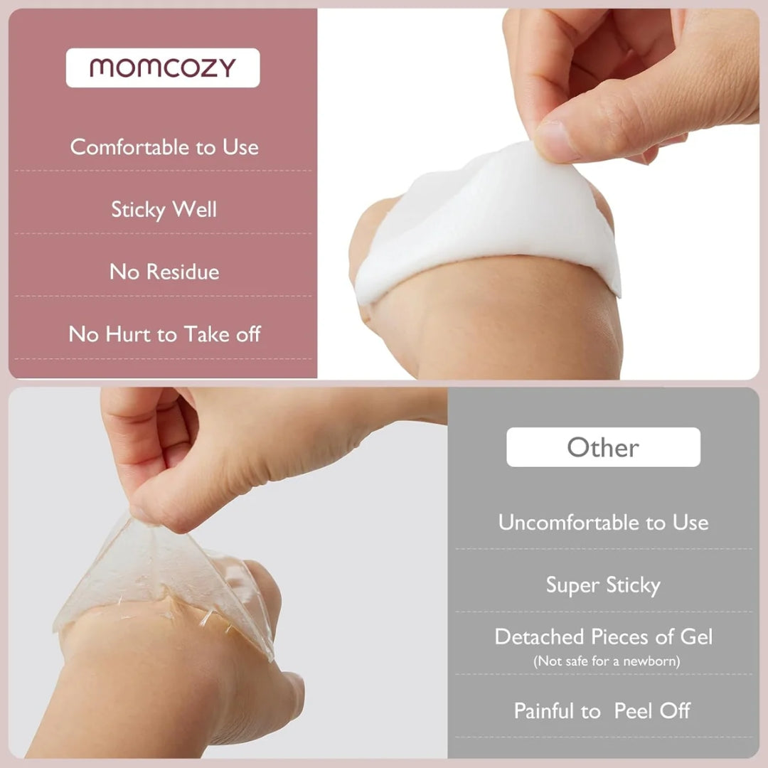 Product comparison of 'momcozy' adhesive bandage with text highlighting features and drawbacks.