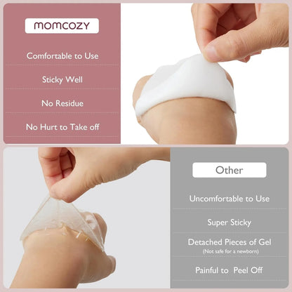 Product comparison of 'momcozy' adhesive bandage with text highlighting features and drawbacks.