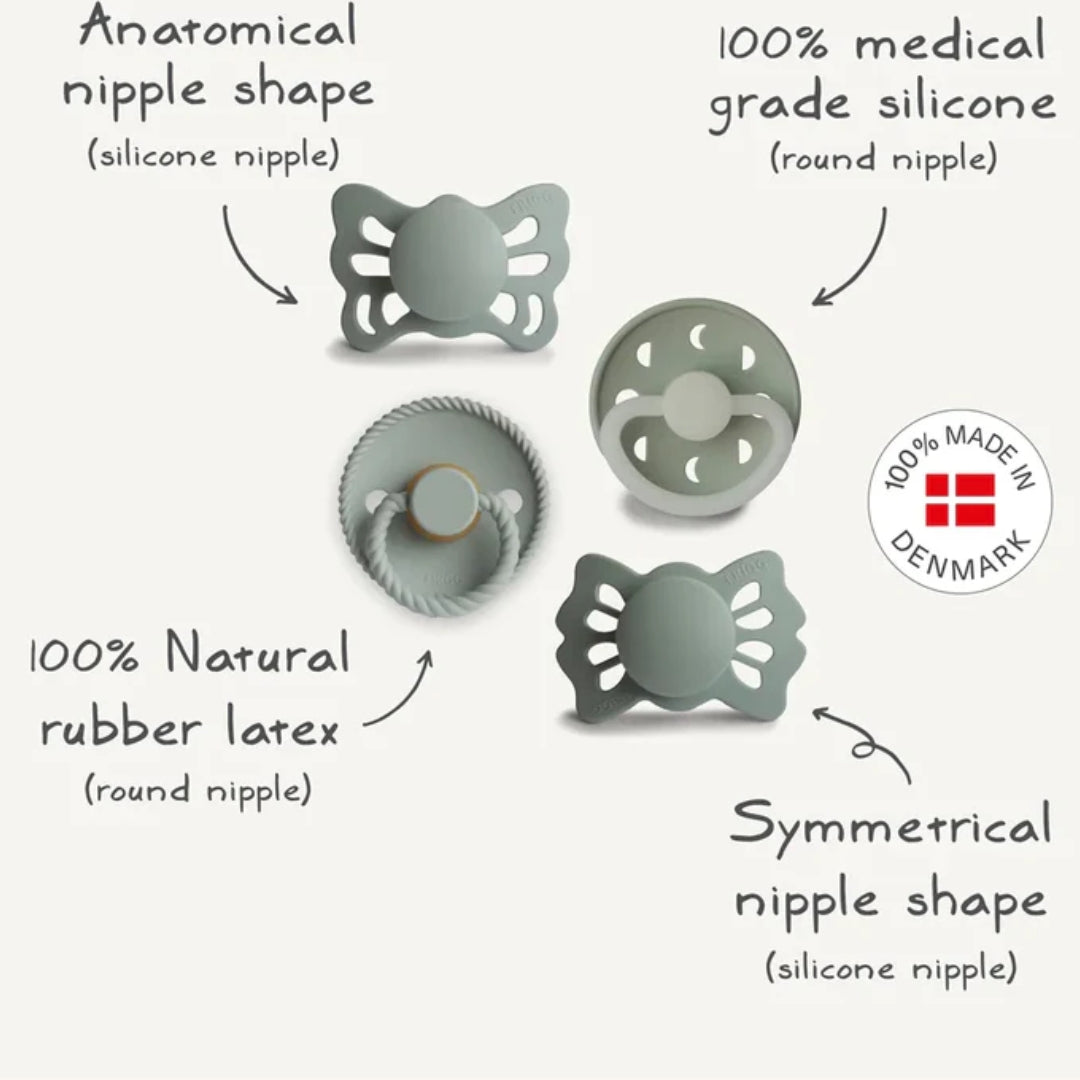 Illustration of pacifiers with different nipple materials and shapes, labeled with text and a 'Made in Denmark' logo.