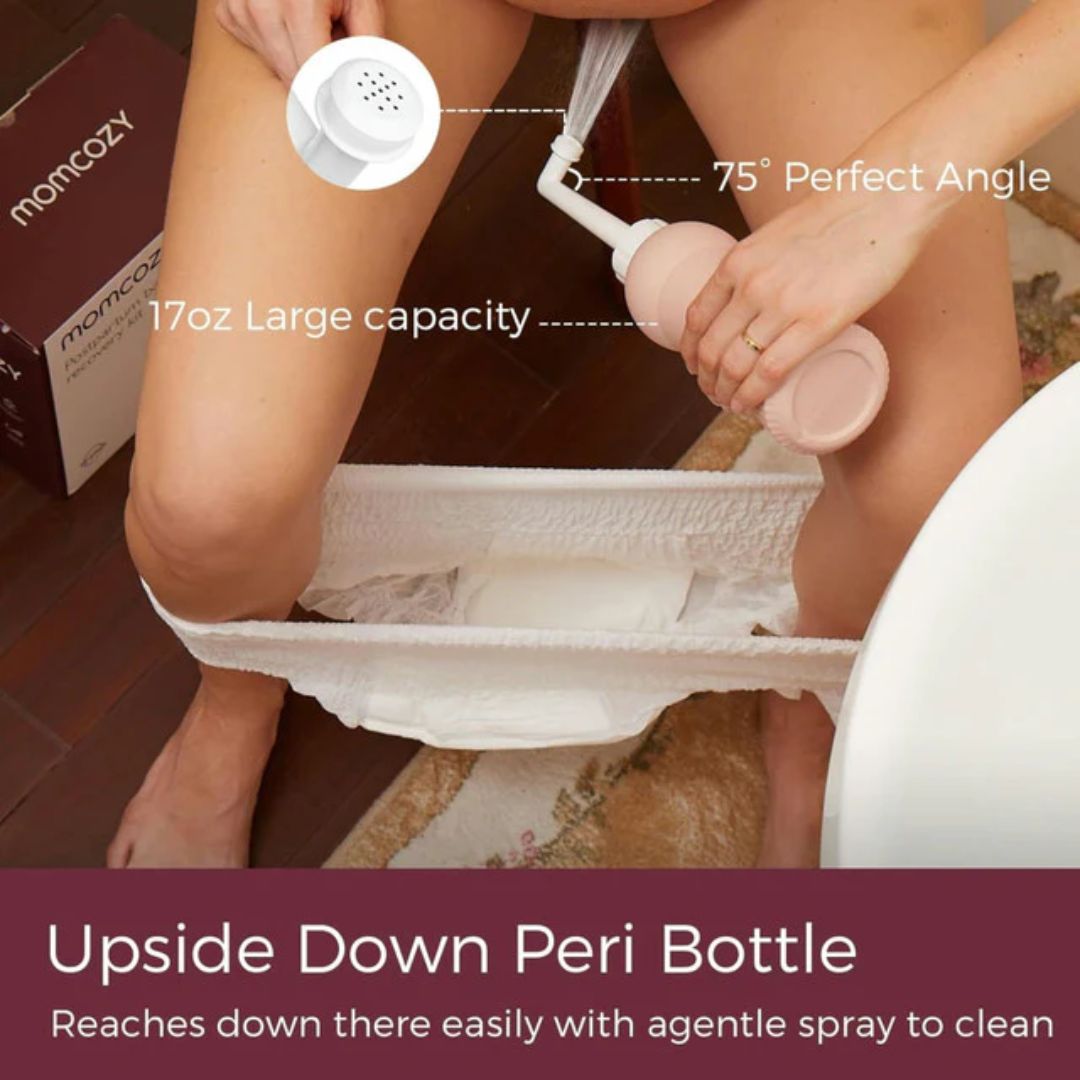 Person using an upside down peri bottle to clean a diaper with text highlighting features.