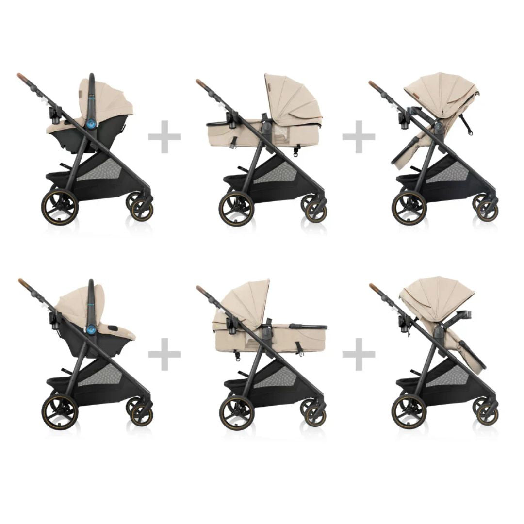Collage of a Evenflo stroller with a beige seat and canopy on a white background