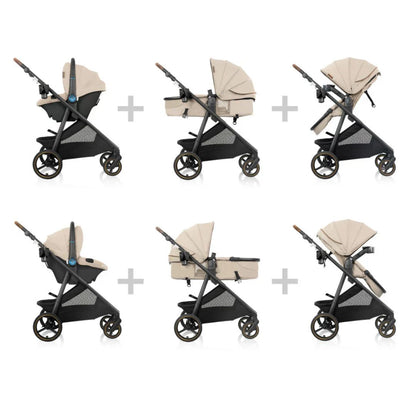 Collage of a Evenflo stroller with a beige seat and canopy on a white background