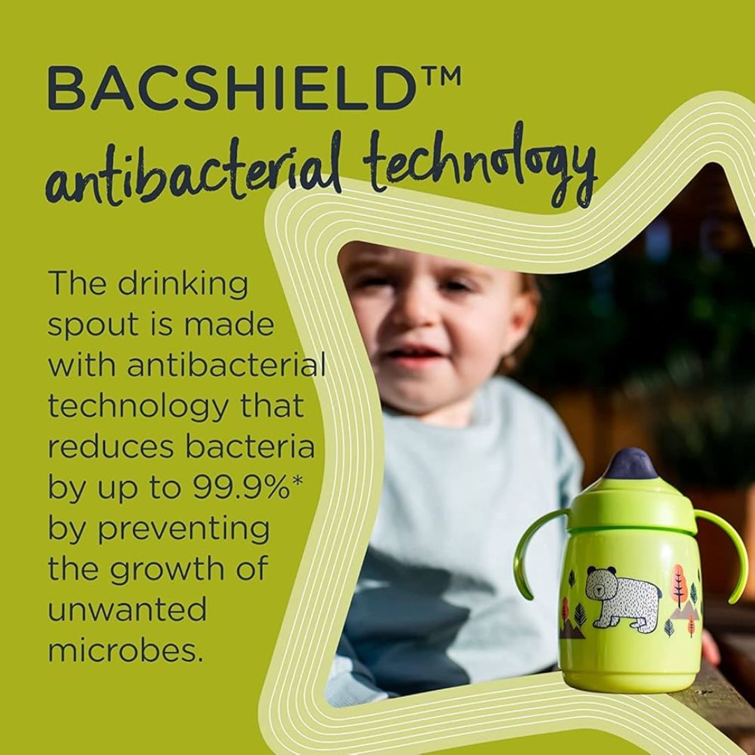 Child with a green Tommee Tippee sippy cup featuring Bacshield antibacterial technology on a green background
