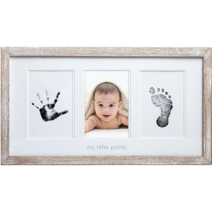Baby photo and Pearhead handprint/footprint frame with 'my little prints' text on a white background