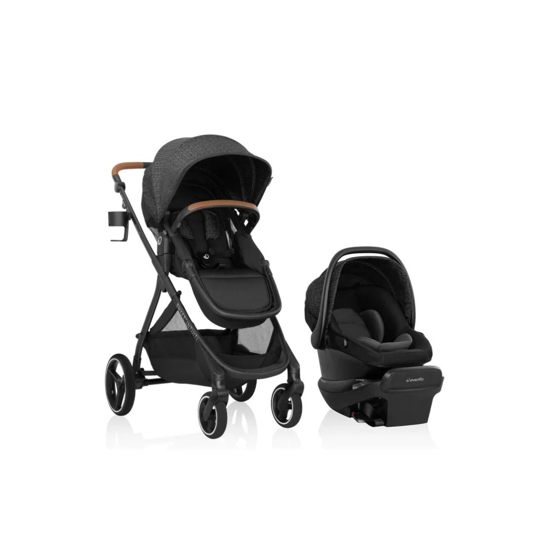 Evenflo Black stroller and car seat set on a white background