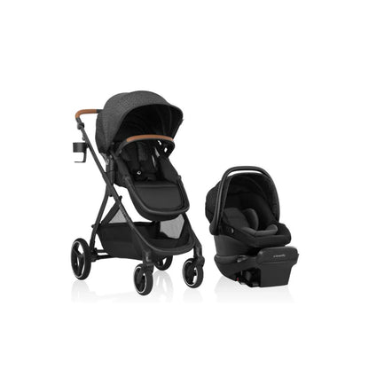Evenflo Black stroller and car seat set on a white background
