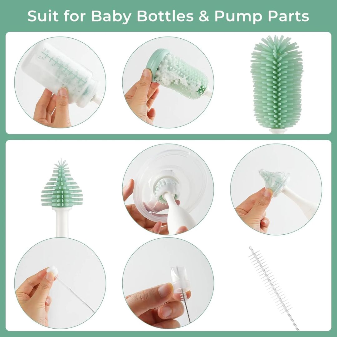 Collage of a green momcozy baby bottle cleaning brush with various uses on a green background.