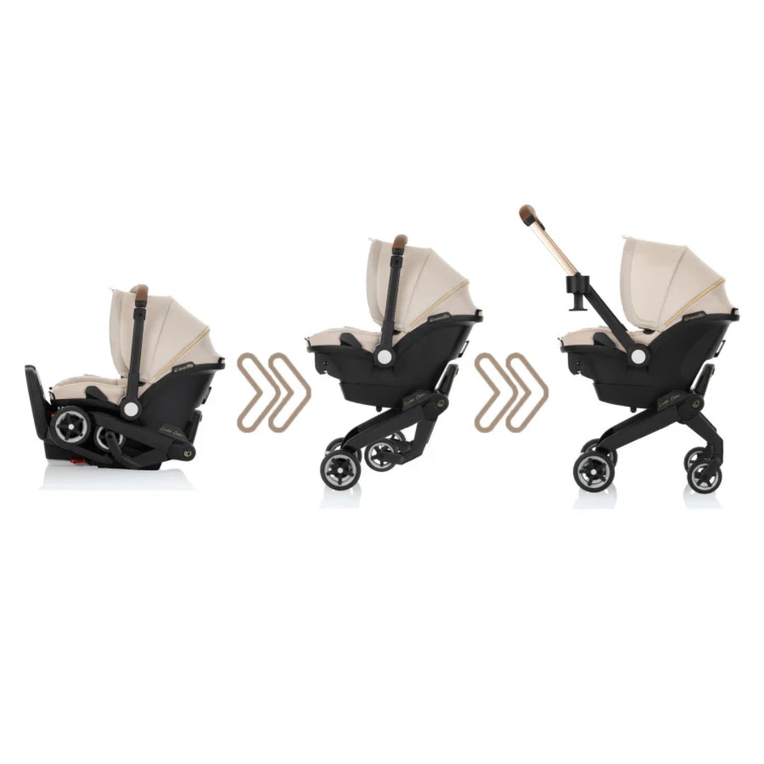 Evenflo Three stages of a stroller with beige canopy on a white background