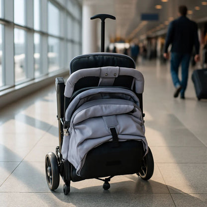Folded baby stroller in an airport terminal with people in the background