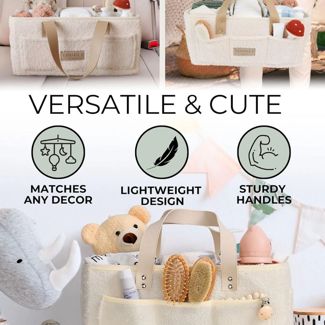 Collage of a beige storage bag with baby items and text highlighting features like versatility, light weight, and sturdy handles.