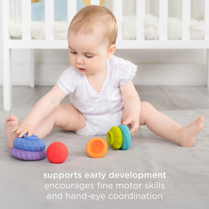 Baby playing with colorful toys on a bed, with text about early development and motor skills.
