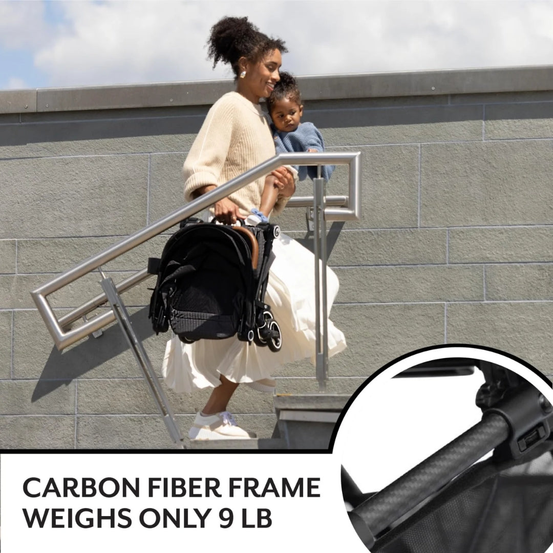 Woman with a child using an Evenflo stroller on a rooftop with text about carbon fiber frame weight.