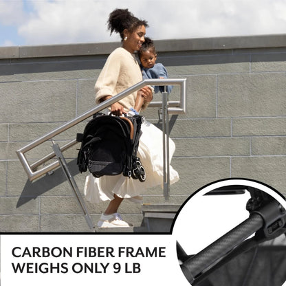 Woman with a child using an Evenflo stroller on a rooftop with text about carbon fiber frame weight.