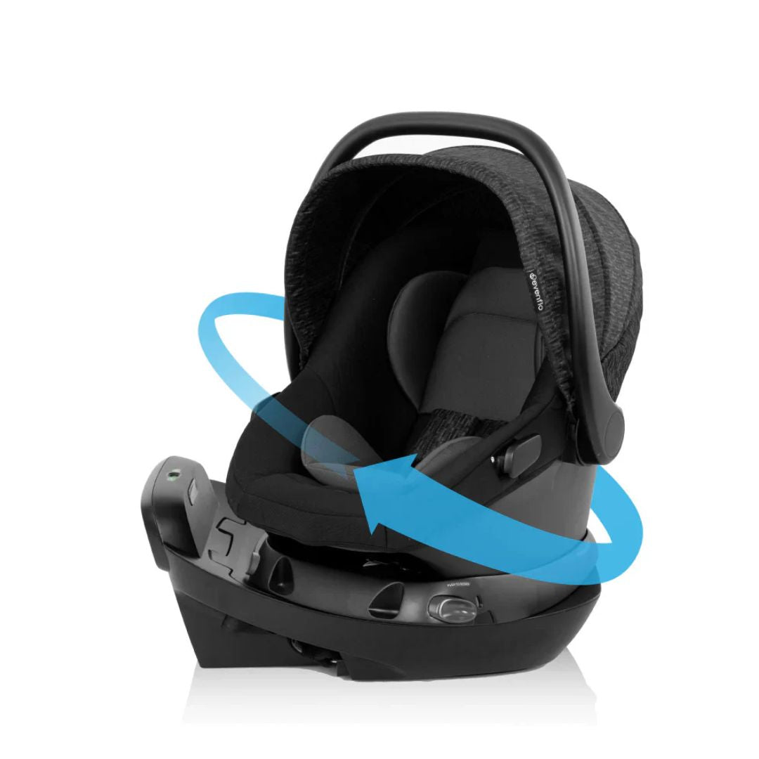 Evenflo Black baby car seat with blue safety feature indicator on a white background