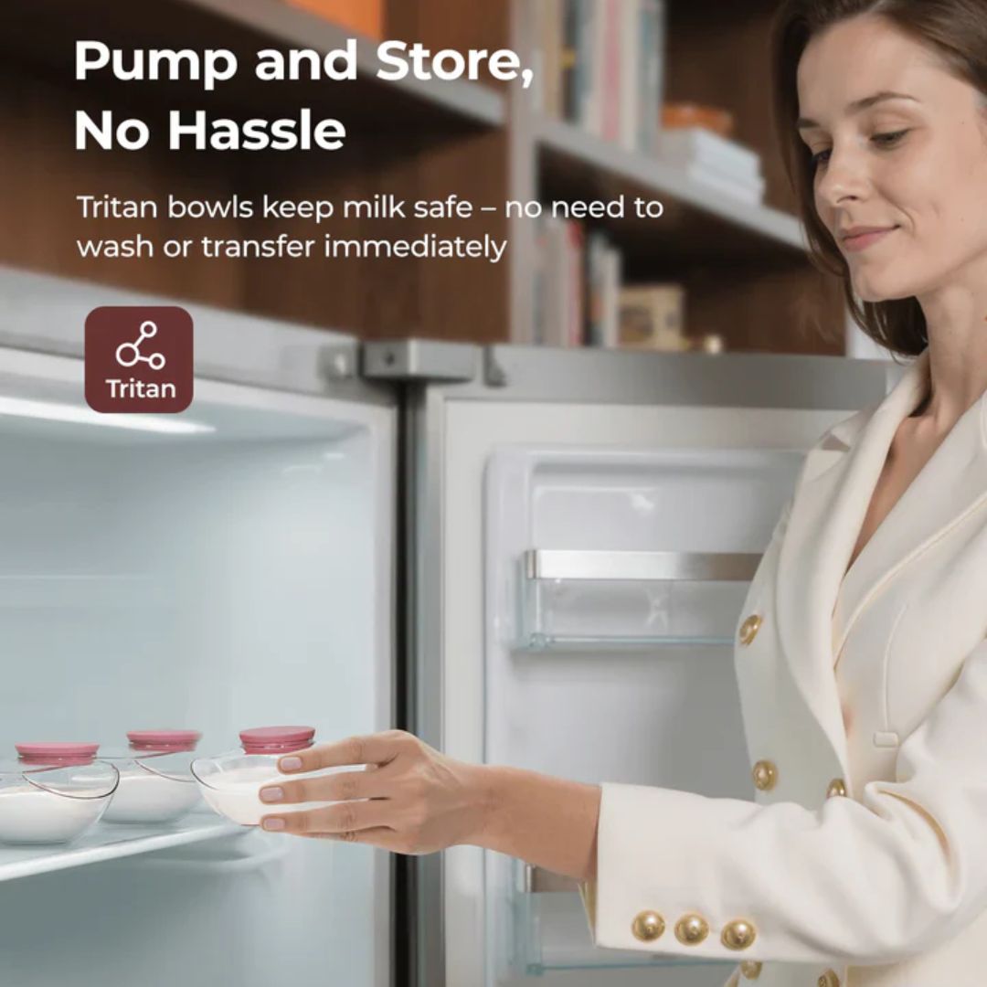 Woman placing a Tritan bowl into a refrigerator with text about milk safety.