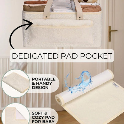 Storage bag with a dedicated pad pocket and text highlighting features, with a soft pad displayed below.