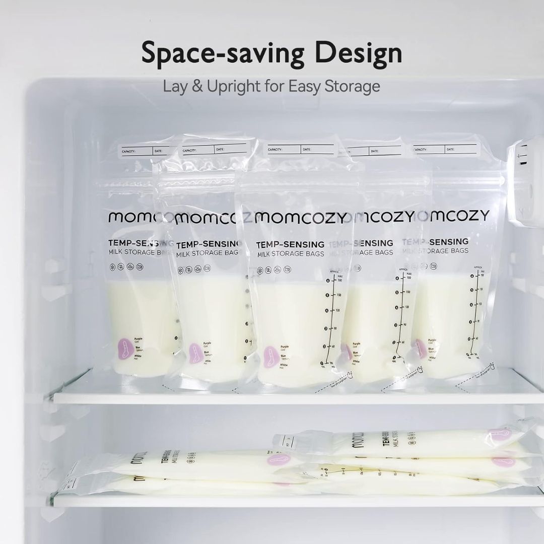 momcozy breast milk storage bags in a refrigerator with text 'Space-saving Design' and 'Lay & Upright for Easy Storage'.