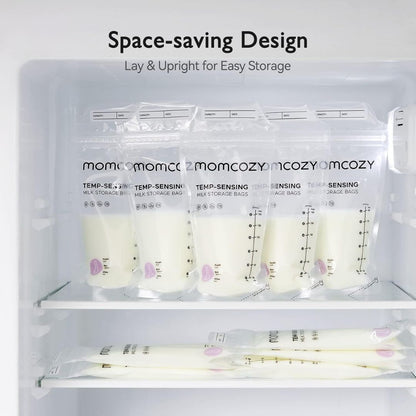 momcozy breast milk storage bags in a refrigerator with text 'Space-saving Design' and 'Lay & Upright for Easy Storage'.