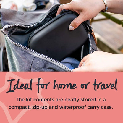 Person opening a compact, zip-up and waterproof carry case with text highlighting its suitability for home or travel.