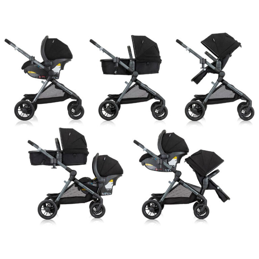 Black and gray Evenflo stroller in various angles on a white background