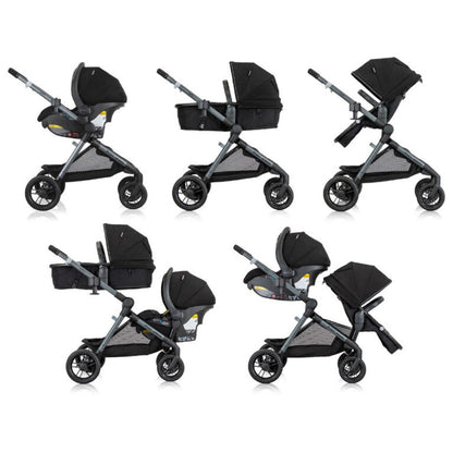 Black and gray Evenflo stroller in various angles on a white background