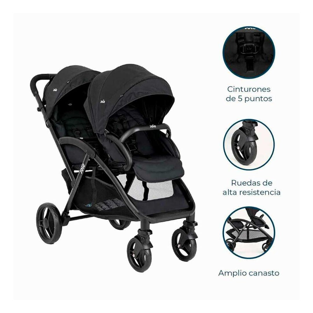 Joie Evalite Black double stroller with features highlighted on a white background 