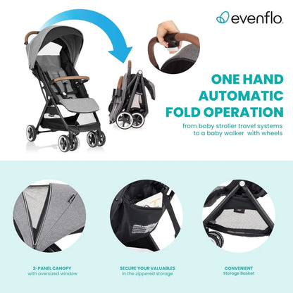 Evenflo stroller with features highlighted on a light blue background