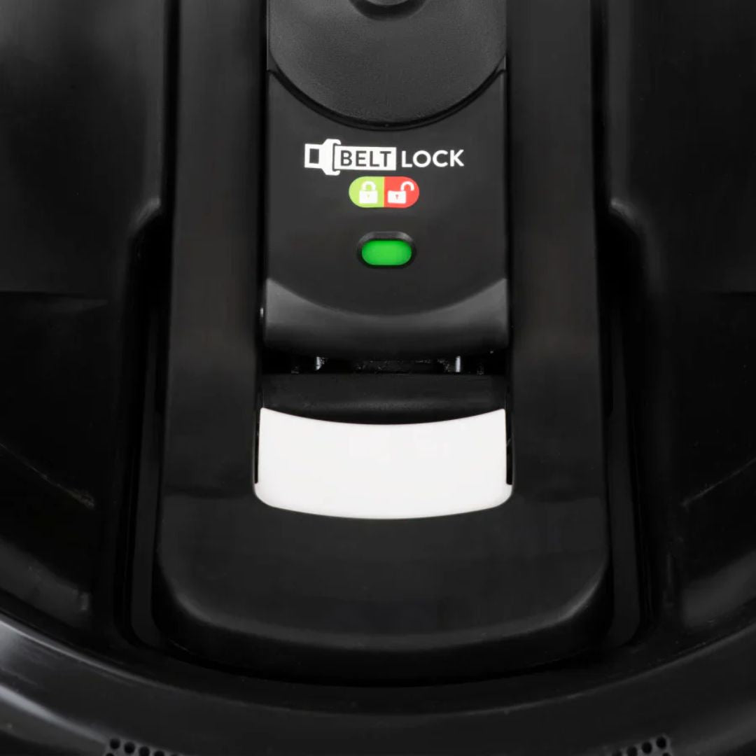 Belt lock device on Evenflo car seat with visible branding and buttons.