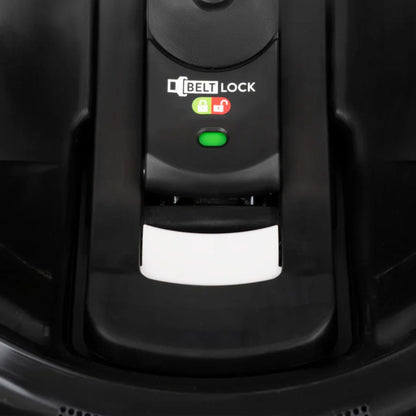 Belt lock device on Evenflo car seat with visible branding and buttons.