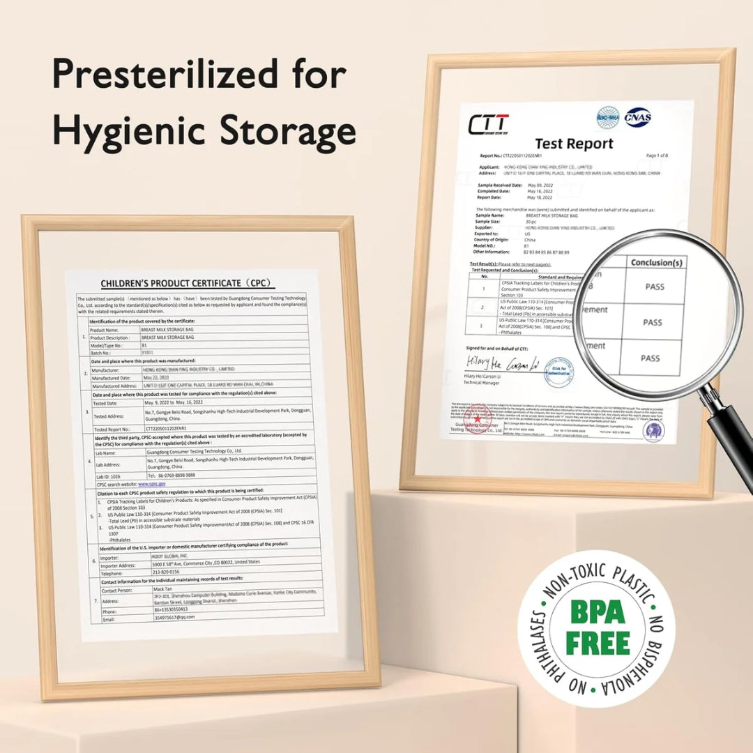 Two framed certificates on a beige background with a magnifying glass and 'BPA Free' label.