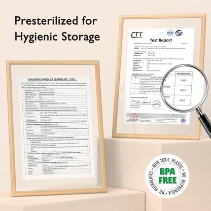 Two framed certificates on a beige background with a magnifying glass and 'BPA Free' label.