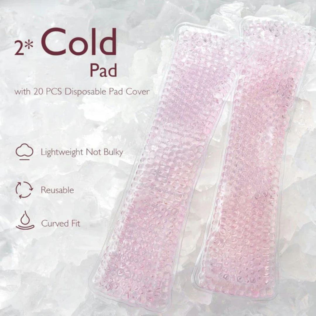 Momcozy Cold pad with 20 disposable pad covers on a textured white background