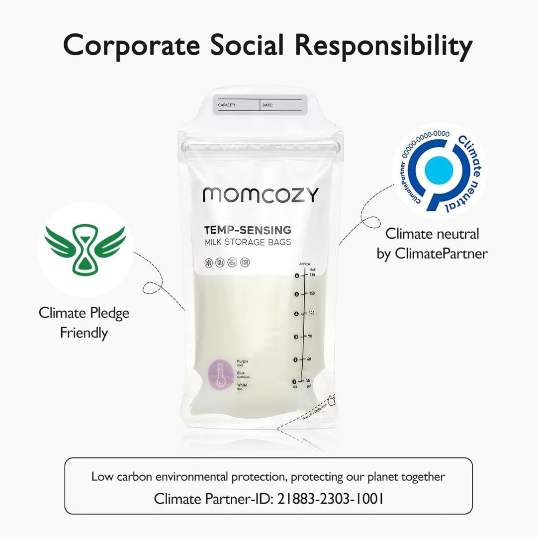 Momcozy temp-sensing milk storage bags with climate-related logos and text on a white background