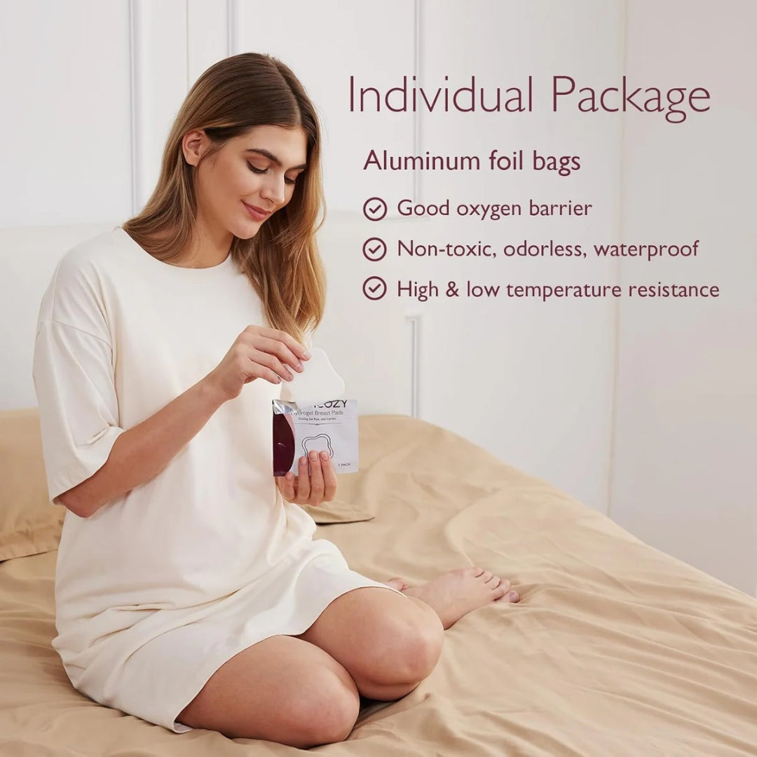 Woman sitting on a bed holding an aluminum foil bag with text about its properties.