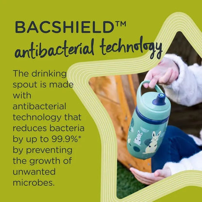 Children's water bottle with antibacterial technology on a green background