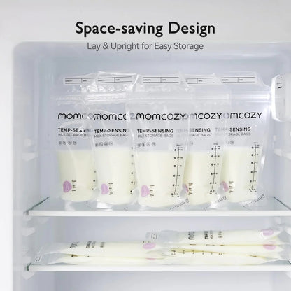 momcozy breast milk storage bags in a refrigerator with text 'Space-saving Design Lay & Upright for Easy Storage'.