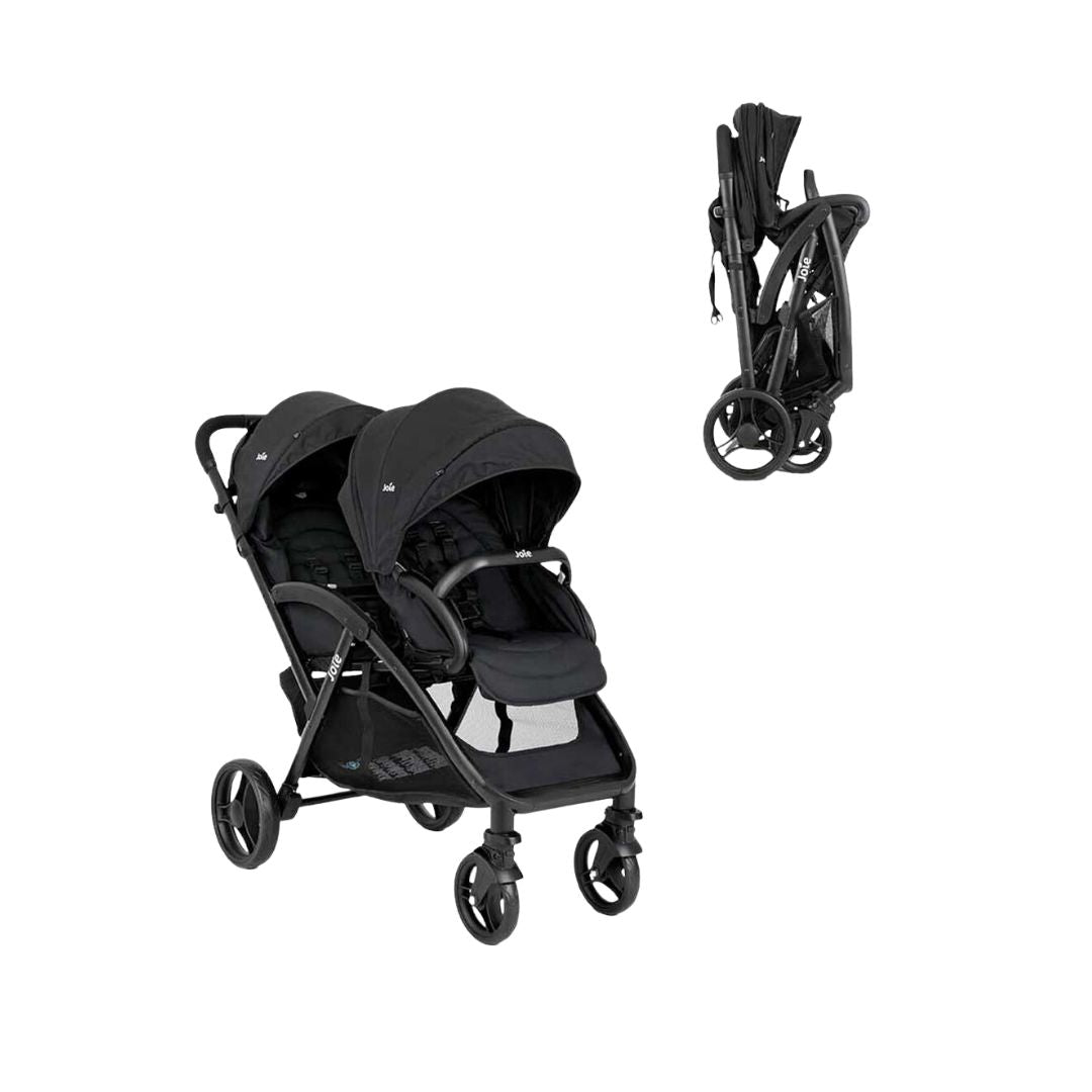 Joie Evalite Black stroller with folded compact version on a white background