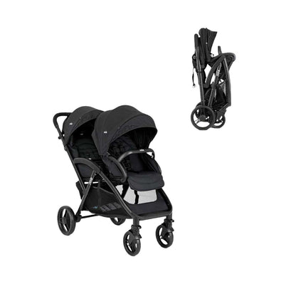 Joie Evalite Black stroller with folded compact version on a white background