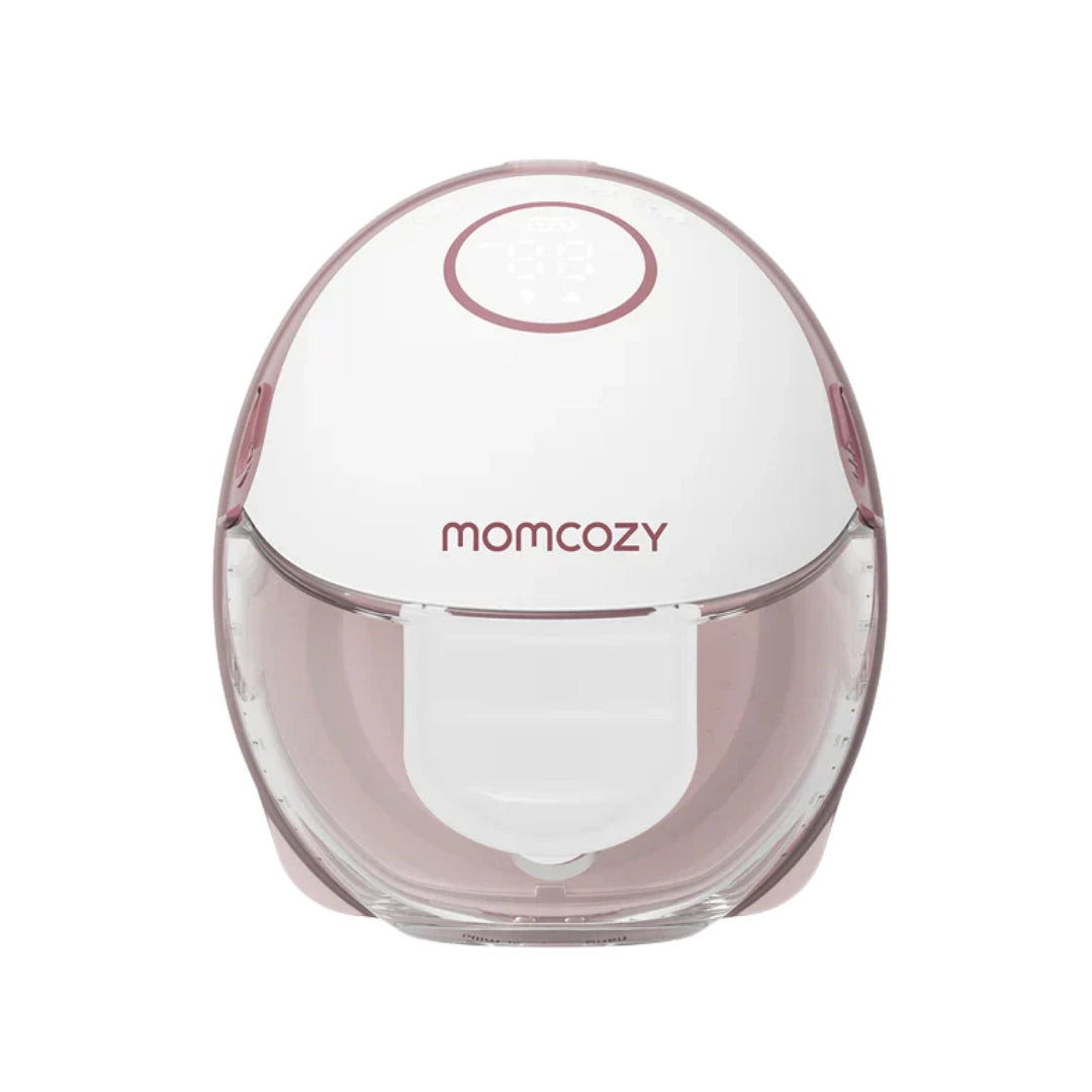 Pink and clear breast pump with 'momcozy' branding on a white background