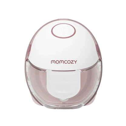 Pink and clear breast pump with 'momcozy' branding on a white background