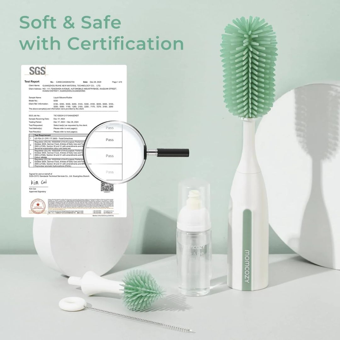 momcozy Cleaning brush set with SGS certification on a light green background