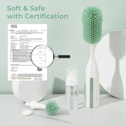 momcozy Cleaning brush set with SGS certification on a light green background