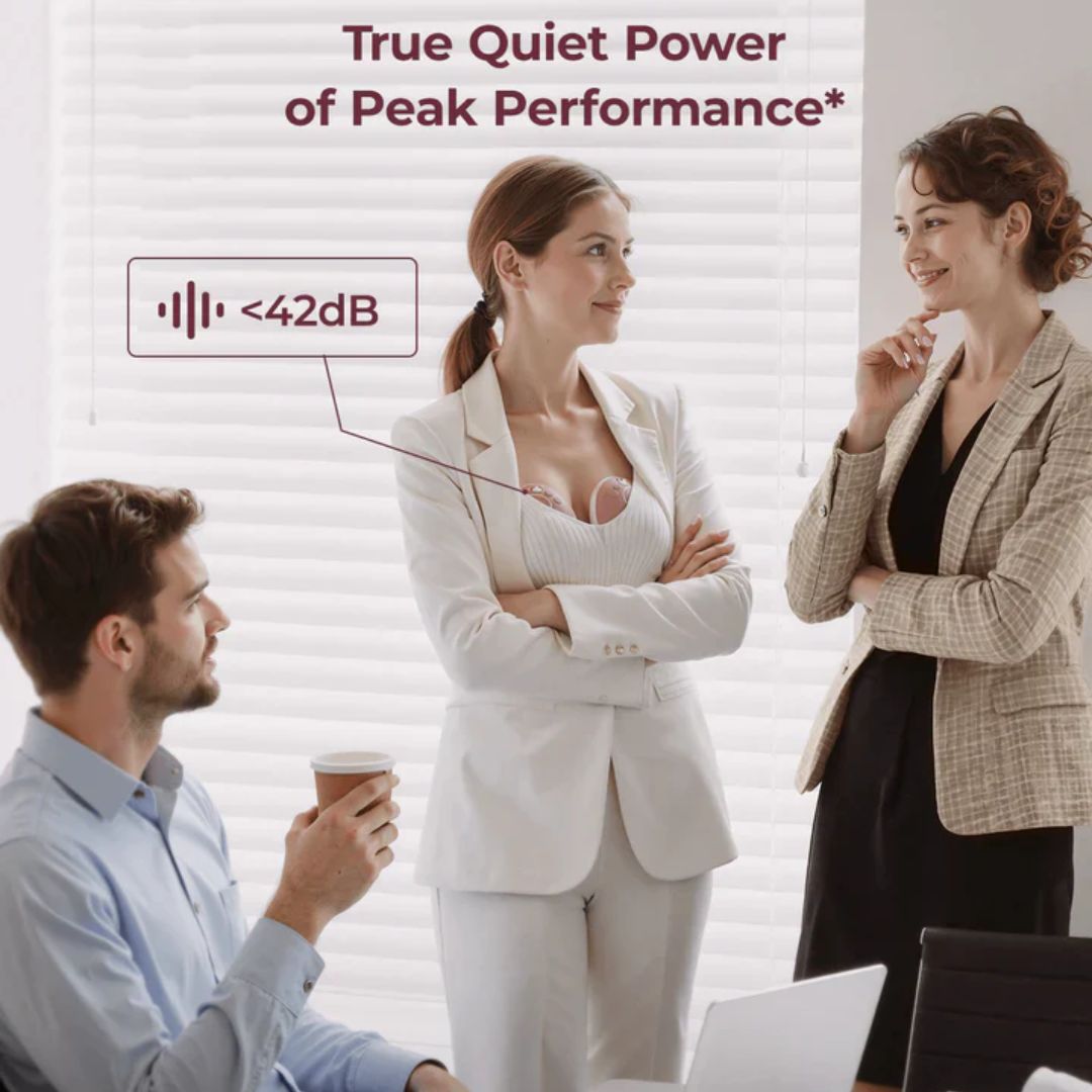 Two women and a man in a professional setting with text about quiet power and decibel levels.
