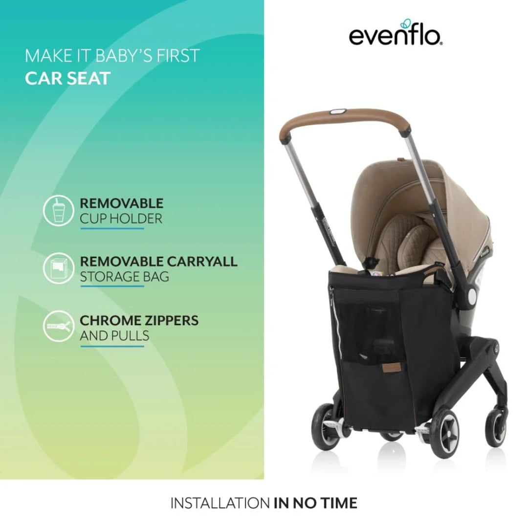 Evenflo baby car seat and stroller with features listed on a gradient background